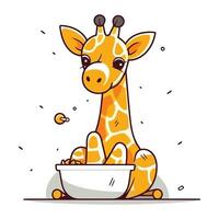 süß Karikatur Giraffe im ein Schüssel von Lebensmittel. Vektor Illustration