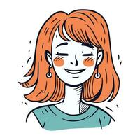vektor illustration av en leende flicka med röd hår och blå ögon.