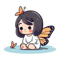 süß wenig Mädchen Sitzung auf das Fußboden mit Schmetterling. Vektor Illustration.