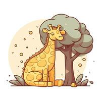 süß Giraffe Sitzung unter ein Baum. Vektor Illustration im Karikatur Stil.