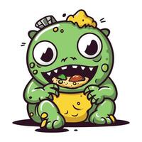 süß Karikatur Grün Monster- Essen ein Scheibe von Pizza. Vektor Illustration.