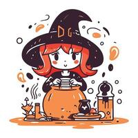 Halloween Vektor Illustration. süß Hexe Mädchen im ein Hut mit ein Topf von Trank.
