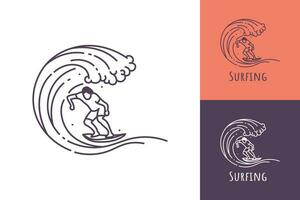 Surfen Linie Kunst Logo von ein Mann Surfen im ein rollen Ozean Welle Vektor Illustration