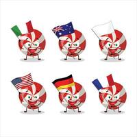 röd godis tecknad serie karaktär föra de flaggor av olika länder vektor