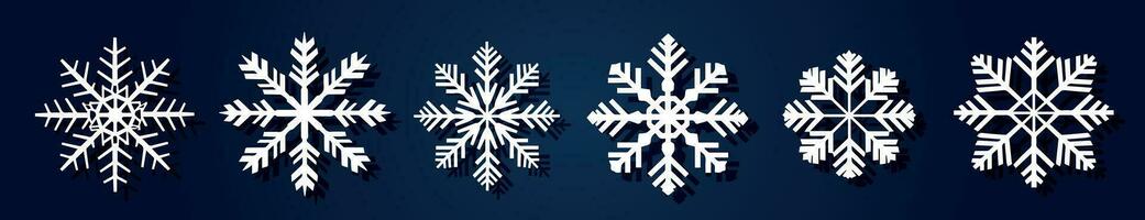 Weiß Schneeflocken auf ein Blau Hintergrund zum Winter Design. Weihnachten und Neu Jahr Elemente Konzept. Vektor Schneeflocken. Schneeflocken im eben Stil. Urlaub Hintergrund