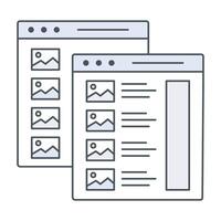 ett ikon av två cascading browser fönster med fyra bilder ikoner med text, representerar ett bild karusell, bild Galleri, eller bild reglaget med text. vektor