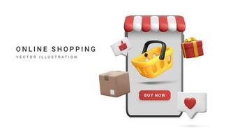 3d realistisch Geschäft im Smartphone mit Einkaufen Wagen, Karton Box und Geschenk Box im Karikatur Stil auf Weiß Hintergrund. Poster oder Netz Seite zum online Einkaufen. Vektor Illustration