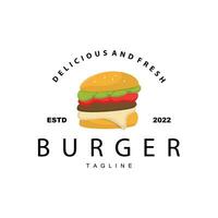 burger logotyp, vektor bröd, kött och vegetabiliska snabb mat illustration design