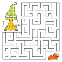 tacksägelse dag labyrint spel för ungar. söt gnome ser för en sätt till de pumpa paj. Lycklig tacksägelse. klotter tecknad serie stil. tryckbar arbetsblad. vektor tecknad serie illustration för skriva ut.