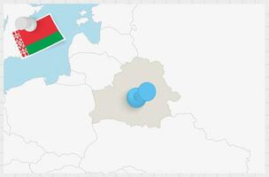 Karta av Vitryssland med en fästs blå stift. fästs flagga av belarus. vektor