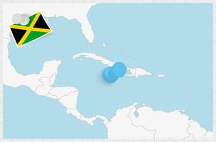 Karta av jamaica med en fästs blå stift. fästs flagga av jamaica. vektor