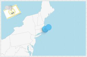 Karta av Rhode ö med en fästs blå stift. fästs flagga av Rhode ö. vektor