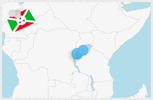 Karta av burundi med en fästs blå stift. fästs flagga av burundi. vektor