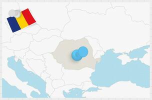 Karta av rumänien med en fästs blå stift. fästs flagga av Rumänien. vektor