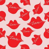 Vektor nahtlos Muster mit Damen rot eben Lippen und das Inschrift - - Liebe. isoliert auf Rosa Hintergrund. Vielfalt von Lippe Formen zum Textil, Stoff, Hintergrund Design.