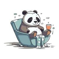 tecknad serie panda Sammanträde i fåtölj och dricka vin. vektor illustration.