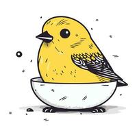 söt liten gul fågel i en skål. hand dragen vektor illustration.