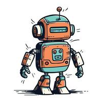 retro robot hand dragen vektor illustration. söt tecknad serie robot.