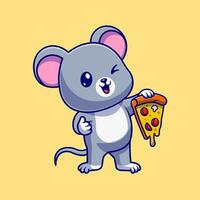 süß Maus halten Pizza Karikatur Vektor Symbol Illustration. Tier Essen Symbol Konzept isoliert Prämie Vektor. eben Karikatur Stil