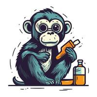 Schimpanse mit ein Flasche von Öl. Vektor Illustration.