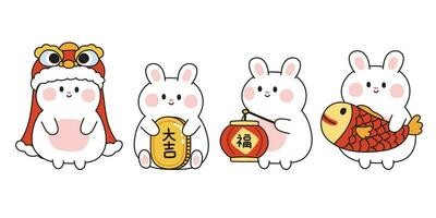 2023.set von süß Hase verschiedene posiert im Chinesisch Neu Jahr Konzept.Chinesisch Text bedeuten Glücklich auf Gold und Lampe.Tier Charakter Karikatur design.kawaii.vektor.illustration. vektor