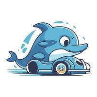 Karikatur Delfin Fahren ein Wagen. Vektor Illustration auf Weiß Hintergrund.