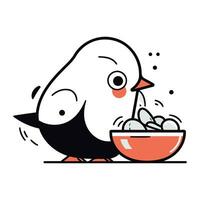 söt liten pingvin äter mat från skål. vektor illustration.