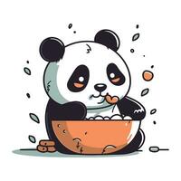 söt panda äter mat från en skål. vektor illustration.