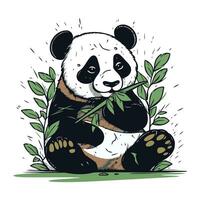 panda Sammanträde på en gren med löv. hand dragen vektor illustration.