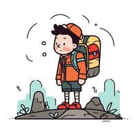 Wandern Junge mit Rucksack. Vektor Illustration im eben Karikatur Stil.