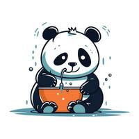 söt tecknad serie panda med en skål av vatten. vektor illustration.