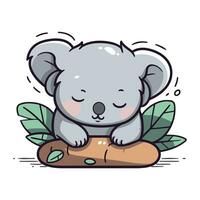 söt koala Sammanträde på en sten med löv. vektor illustration.