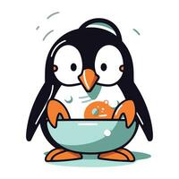 süß Pinguin Essen ein Schüssel von Suppe. Vektor Illustration.