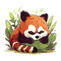 röd panda sovande på grön löv. söt tecknad serie vektor illustration.