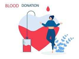 Freiwillige Frau spenden Blut in der Nähe von Herz. Spender. Konzept von Spende, Wohltätigkeit, Welt Blut Spender Tag, Gesundheit Pflege. Vektor Illustration im eben Design zum Hintergrund, Banner, Karte