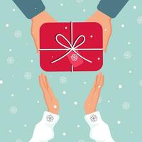 oben Aussicht von männlich und weiblich Hände halten ein rot Geschenk Box mit ein Weiß Band und Schild. ein Geschenk zum ein fröhlich Weihnachten, Neu Jahr. Vektor Illustration. aus Es.