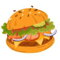 Karikatur Burger mit Kopfsalat, Zwiebeln, Sesam, Tomate und Käse. schnell Essen, fettig Lebensmittel. Hand gezeichnet Hamburger Vektor Illustration isoliert auf Weiß Hintergrund