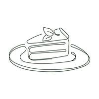 ein Stück von Kuchen auf ein Teller mit ein Minze Blatt, Vektor isoliert Illustration im Strichzeichnungen Stil.
