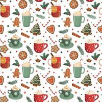 Weihnachten und Winter Urlaub Bäckerei, heiß Getränke nahtlos Muster. Karikatur Lebkuchen Kekse. Weihnachten Urlaub thematisch Digital Papier. isoliert auf Weiß Hintergrund. vektor