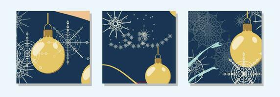 Platz Winter Post Vorlagen zum Sozial Netzwerke. Weihnachten Ball golden Schneeflocken dunkel Blau Hintergrund. Weihnachten Winter Thema. Banner Design. Vektor Illustration.