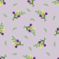 nahtlos Blumen- Vektor Muster. Oberfläche Design mit ein Strauß, klein Frühling Pflanzen mögen Tulpe, Mimose Blumen, Blätter, Geäst isoliert auf lila Hintergrund.