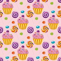 sömlös mönster av sötsaker, småkakor och muffins dekorerad med grädde. födelsedag muffins med godis. rosa bakgrund. för omslag papper, förpackning, tyg, tapet. vektor