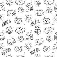 klotter ritad för hand tecknad serie med svart linje sömlös mönster bakgrund för tapet, illustration. katt, hund, blomma vektor