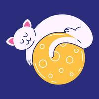 süß Schlafen Katze auf das Mond. Vektor Illustration von ein Katze auf das Mond Charakter im ein Wohnung, Karikatur Stil.