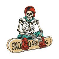 ein Schädel mit Skelett Körper sitzen auf das Snowboard, Winter Sport Snowboarden Vektor Design Illustration.