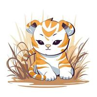 süß Tiger Sitzung auf Gras. Vektor Illustration isoliert auf Weiß Hintergrund.