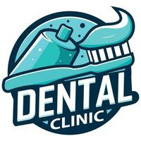 Logo zum ein Dental Klinik, mit ein Zahnbürste und Zahnpasta vektor