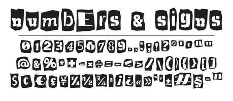 lösen halvton collage stil brev tal och skiljetecken märken skära från tidningar och tidningar. årgång ABC samling. svart och vit alfabet typografi vektor illustration