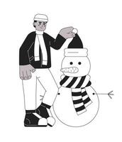 afrikanisch amerikanisch Mann Putten Santa Hut auf Schneemann Kopf schwarz und Weiß 2d Karikatur Charakter. Winter Oberbekleidung schwarz Kerl isoliert Vektor Gliederung Person. festlich monochromatisch eben Stelle Illustration