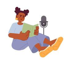 afrikanisch amerikanisch Frau lesen Buch auf Mikrofon 2d Karikatur Charakter. schwarz Mädchen Hörbuch Erzählung isoliert Vektor Person Weiß Hintergrund. Aufzeichnung Voice-over Farbe eben Stelle Illustration